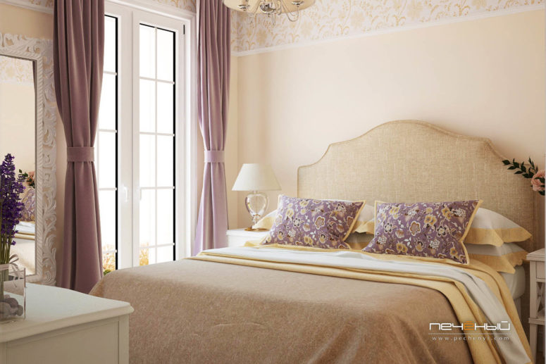 The master bedroom is done in buttermilk and purple, textiles make the room very cozy and eye-catchy