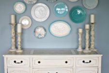 12 turquoise and grey plate combo over the sideboard