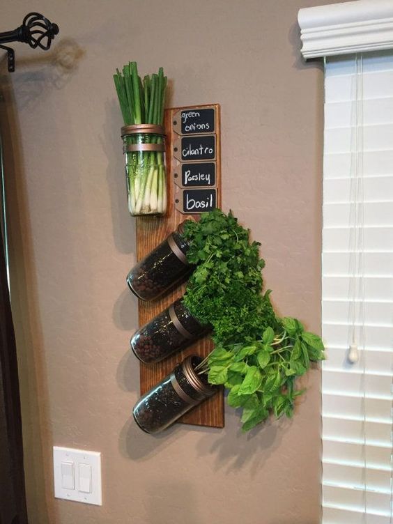 a wooden plank with herbs growing and chalkboard tags