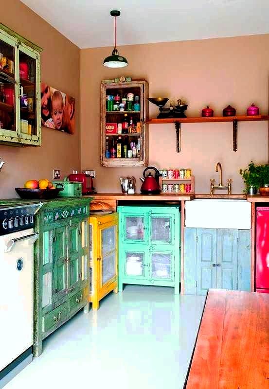colorful shabby chic cabinets in different shapes and looks for an eclectic kitchen