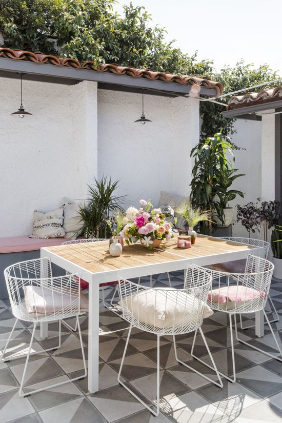 30 Awesome Outdoor Dining Area Furniture Ideas Digsdigs Refined White Metal Chairs With Pillows Look Chic And Match The Table On Legs
