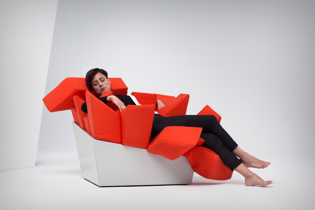 Manet chair looks geometric and harsh but it's super soft and comfortable, it bends and hugs you as soon as you lie on it