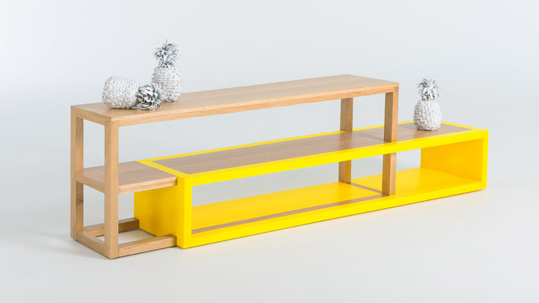 media console design The media console creates an illusion of objects in motion thanks to the unique bold yellow part