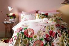 07 pink bedding with oversized flowers in yellow and red makes a bold trendy statement