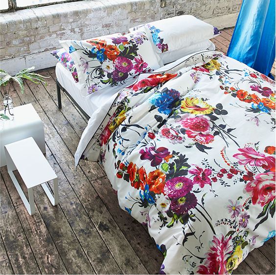 bold colored floral bedding with realistic flowers