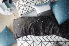 26 graphic black and white bedding and blue and black speckled touches