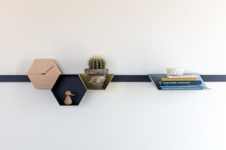 storage solution for modern homes The Hexagon collection features hexagon shaped boxes on a magnetic board, these shelves are easy to attach and will fit your storage needs