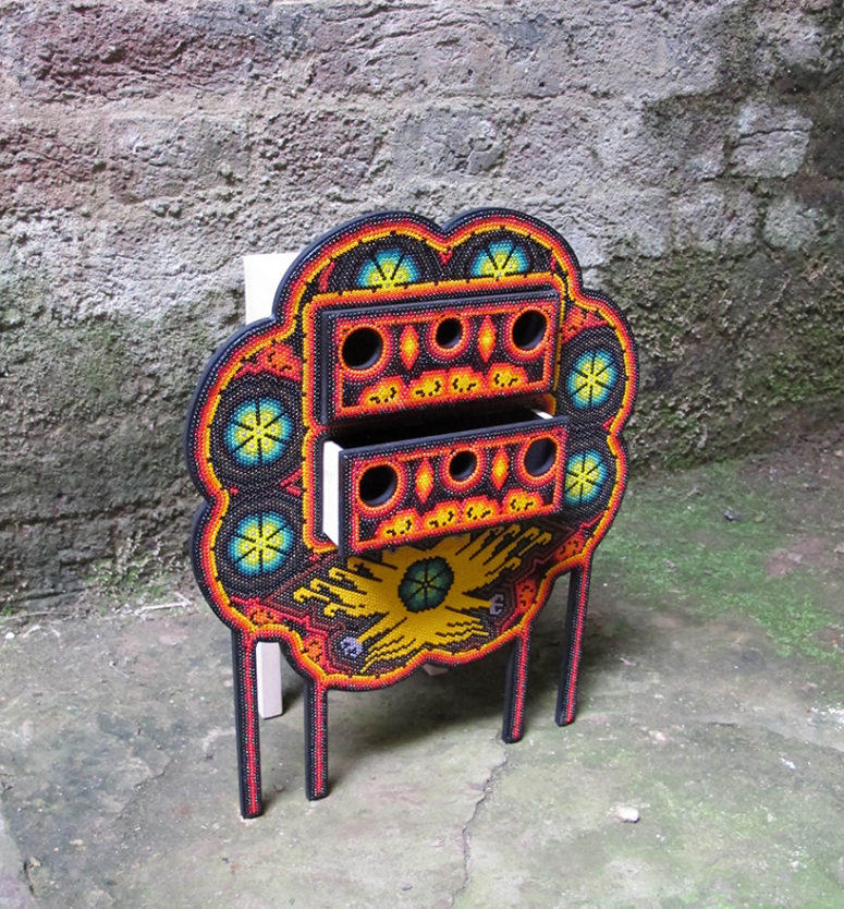 The collection is made by pressing colorful and bold glass beads onto boards coated with wax and resin The collection is made by pressing colorful and bold glass beads onto boards coated with wax and resin
