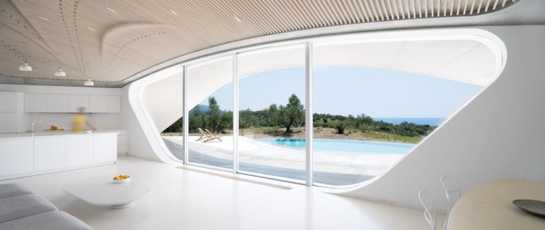 wood plank ceiling design The inner decor is minimalist and done in white, which is traditional for minimalist style, a wooden plank ceiling looks eye-catching