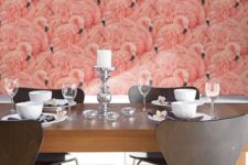 03 pink flamingo wallpaper make this modern dining space pop with color