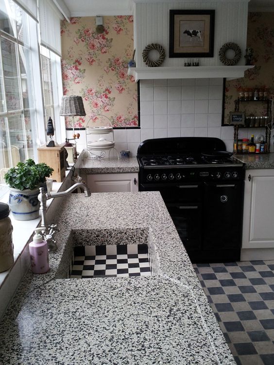 white and green terrazzo sink and countertops for durability