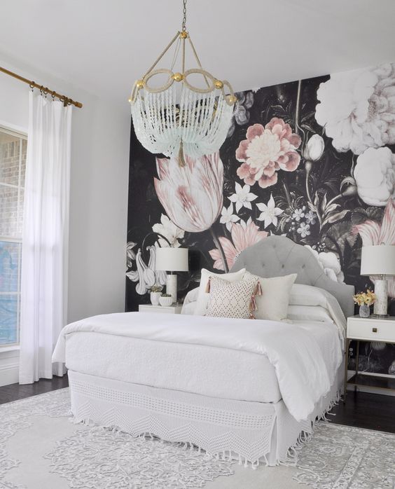 realistic large scale floral wallpaper for a light-colored girl's bedroom