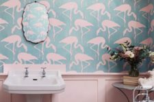 06 blue and light pink flamingo wallpaper is a creative solution for a bathroom
