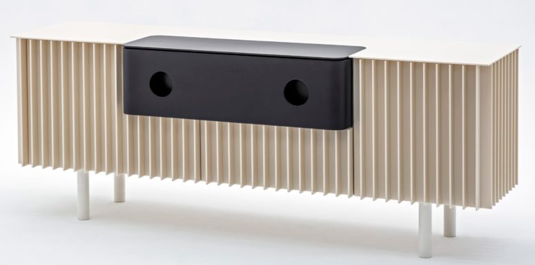 Piece F is a horizontal unit fronted wiht slats of Corian