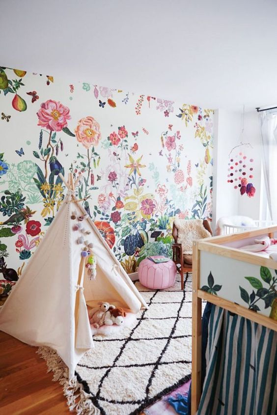 colorful watercolor floral wallpaper for a kid's room to add cheer to the room