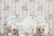 08 grey striped wallpaper with light pink flamingo prints for a girlish bathroom