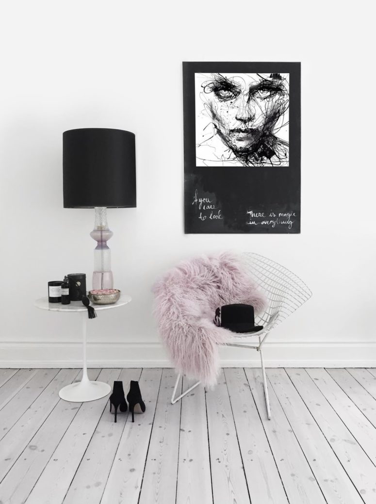 Pink touches can be seen throughout the whole space, they add softness and a girlish feel to the rooms, which are rather whitewashed