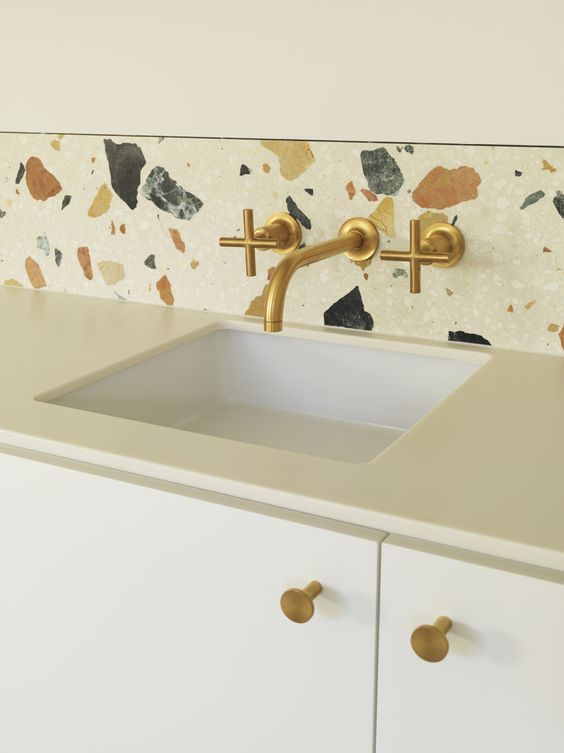 White Terrazzo With Large Colored Inserts As A Backsplash For Kitchen White Terrazzo With Large Colored Inserts As A Backsplash For Kitchen