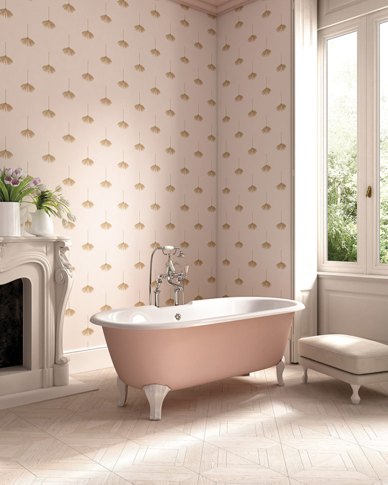 Pink printed wallpaper for a refined girlih bathroom