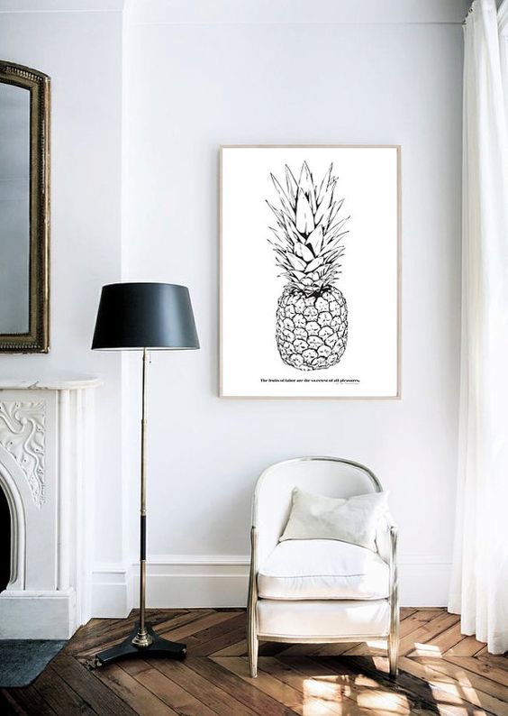 black and white pineapple artwork for a monochrome space