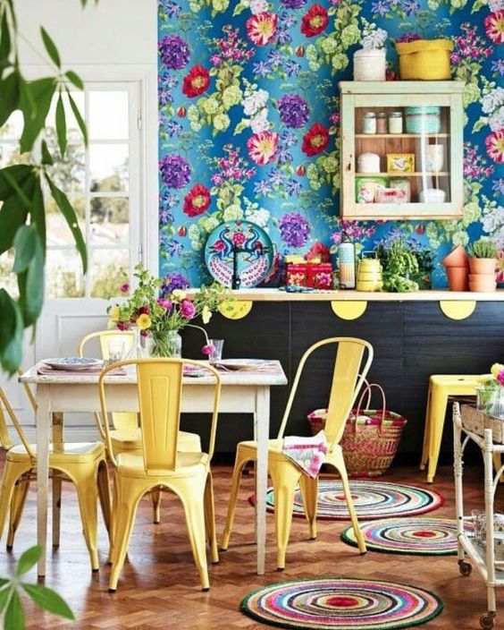 super colorful blue wallpaper with bold floral prints for a cheerful summer kitchen