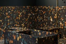 17 dark terrazzo with colorful inserts for the bathroom floor, walls and the bathtub itself
