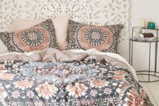 18 copper, black and white bold printed bedding echo with the headboard