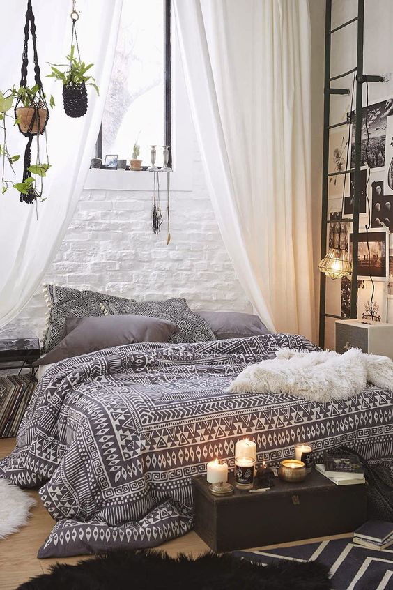 chocolate brown and white bedding with a graphic print