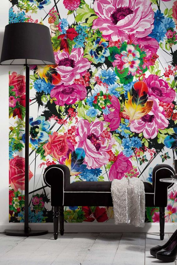 super colorful floral wallpaper and laconic black furniture for a contrast