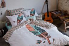 26 geo and indy feather printed bedding set in turquoise and pink