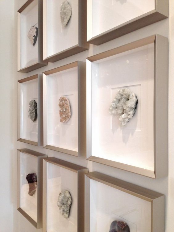 geodes in frames displayed as a gallery wall