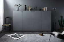 01 Matte grey sideboard from Delirium collection with brown leather handles on top and carved patterns