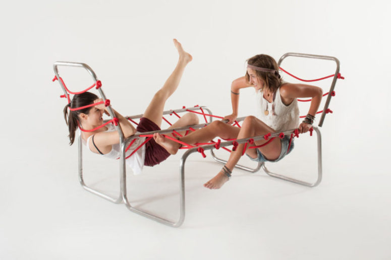 The furniture includes metal frames and red ropes, and it's interconnected so that you looked for equlibrium