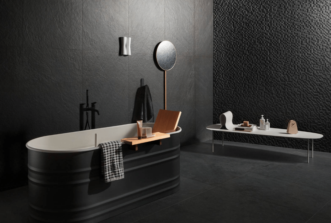 Lavagna tiles are inspired by the darkest slate and are available only in black