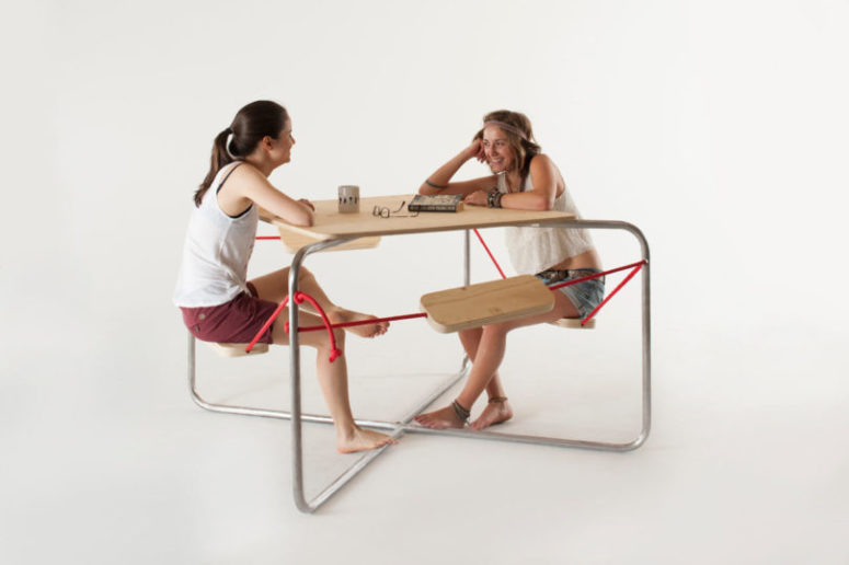 This is a picnic table, the seats of which reind of swings, and you'll have to look for balance too