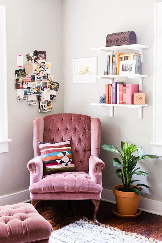 a cozy pink velvet armchair with a footrest will add a girlish touch to your space