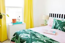 05 bright colors plus a vintage banana leaf print bedspread and pillows for a playful summer bedroom