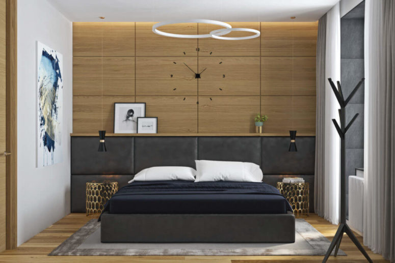 The master bedroom features a wooden clock wall, an extended leather headboard and a leather upholstered bed The master bedroom features a wooden clock wall, an extended leather headboard and a leather upholstered bed