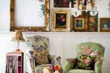 09 vintage-inspired space with floral upholstery chairs and vintage shabby picture frames is very refined