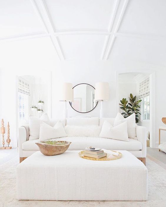 white velvet upholstery is a very cozy and welcoming solution for a living room
