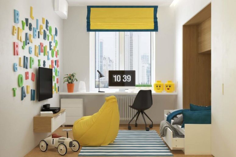 The kid's room is done in white, teal and yellow, the study zone is taken to a windowsill, which is a great space solution