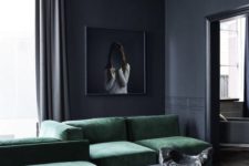 10 a minimalist moody space in graphite grey and emerald velvet sofas looks eye-catching