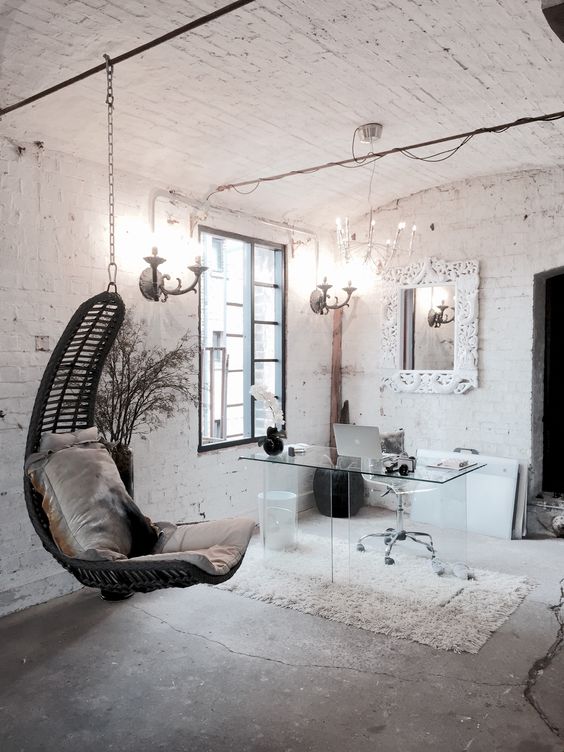 shabby chic girlish home office with an ultra-minimalist glass desk that seems to be disappearing