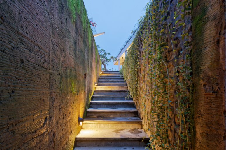 Exterior walls are covered with greenery