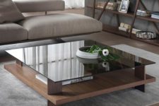 11 luxurious wood and glass table, the base is warm-colored wooden, and top is made of smoked glass
