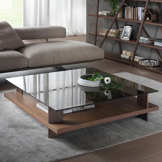 luxurious wood and glass table, the base is warm-colored wooden, and top is made of smoked glass