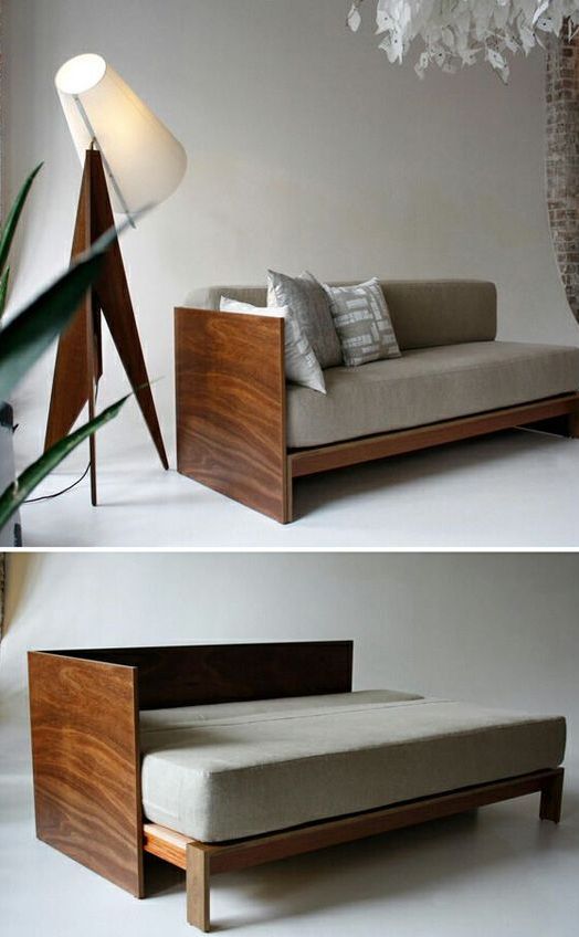 a bed and sofa in one, stained wood and grey upholstery for a timeless look