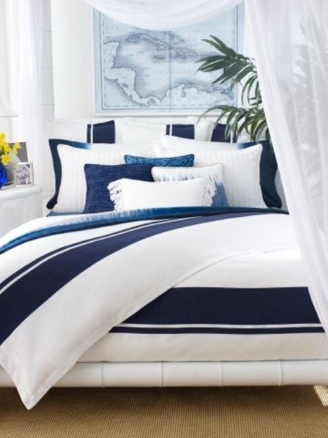 coast and beach inspired bedding set with large navy and indigo stripes
