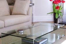 12 minimalist all-glass coffee table on metallic legs looks ethereal and allows much storage
