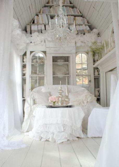all-white shabby chic she shed and reading room shofs off amazing charm
